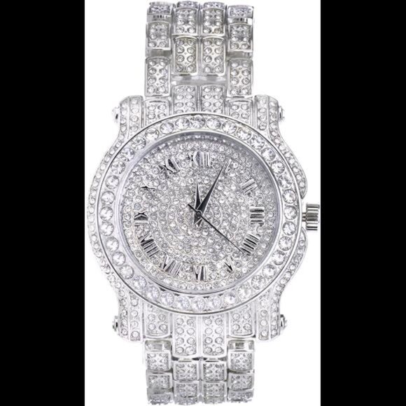 Men's 45mm Iced Diamond Roman Dial Watch - Quartz Movement - Picture 1 of 4